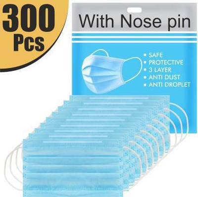 Wellstar Protective Face Mask with NOSE CLIP, CE ISO & GMP Certified Bacterial Filtration Mask with Nose Pin 3 Layer Mask 3 Ply Mask Disposable Mask With Soft ear loop Surgical Mask Non-Washable, Water Resistant Surgical Mask(Blue, Free Size, Pack of 300, 3 Ply)