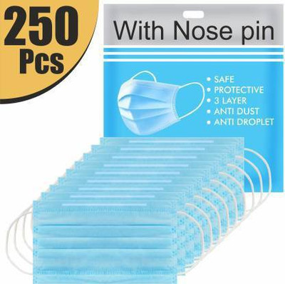 Wellstar Surgical Mask Mask with Nose Pin 3 Layer Mask 3 Ply Mask Disposable Mask With Soft ear loop Surgical Mask Non-Washable Surgical Mask(Blue, Free Size, Pack of 250, 3 Ply)