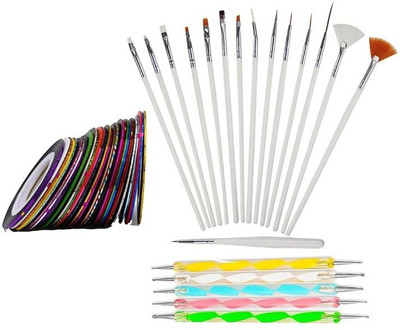 UniTale Imported Quality Nail Art Paint Kit 5 Piece 2 Way Marbleizing Dotting Pen with 15 Piece Nail Art Paint Soft Brushes and 10 Piece Multi Color Nail Striping Tape Kit For False Nails Acrylic Nails French Nails(Multicolor)