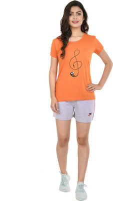 STYLE CLUB Women Printed Orange, Grey Top & Shorts Set