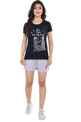 STYLE CLUB Women Printed Dark Blue, Grey Top & Shorts Set