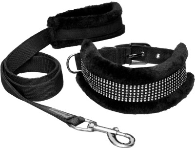 Petshop7 Nylon Dog Collar & Leash with Fur Medium (Neck Size - 14-20inch) Dog Collar & Leash(Medium, Black)