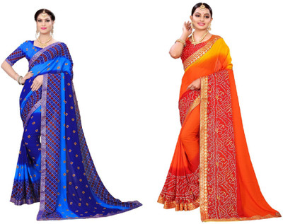 Kanooda Prints Printed Bandhani Georgette Saree(Pack of 2, Blue, Orange)