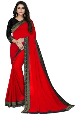 Georgette Saree Solid/Plain, Self Design, Dyed Bollywood Chiffon, Georgette Saree(Red)