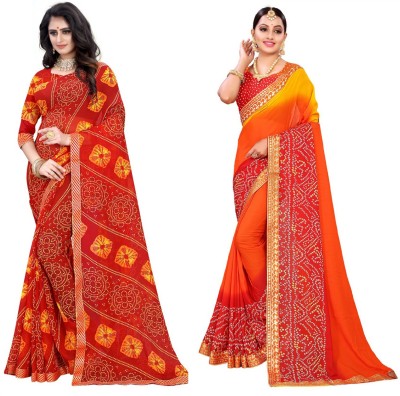 Kanooda Prints Printed Bandhani Georgette Saree(Pack of 2, Red, Orange)