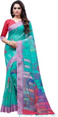 Ratnavati Geometric Print Bollywood Cotton Linen Saree(Light Green)