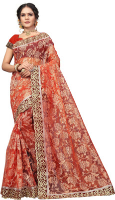 Aruna Sarees Embroidered Bollywood Net Saree(Orange)
