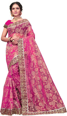 Aruna Sarees Embroidered Bollywood Net Saree(Pink)
