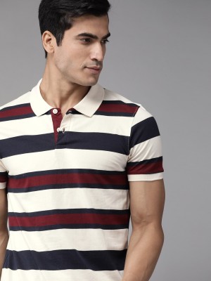 Roadster Striped Men Polo Neck White T-Shirt