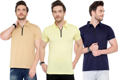 Moordale Solid Men Polo Neck Dark Blue, Beige, Yellow T-Shirt