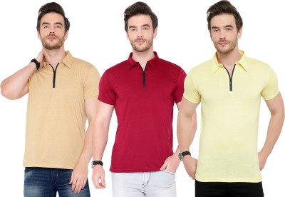 Tivy Solid Men Polo Neck Maroon, Beige, Yellow T-Shirt