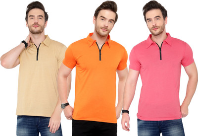 Adorbs Solid Men Polo Neck Pink, Orange, Beige T-Shirt