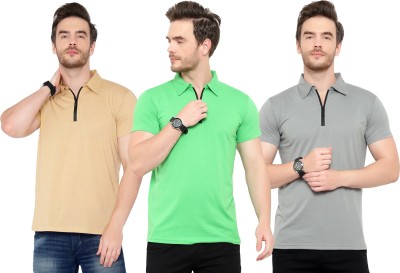 Adorbs Solid Men Polo Neck Green, Grey, Beige T-Shirt