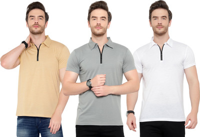 Adorbs Solid Men Polo Neck White, Grey, Beige T-Shirt