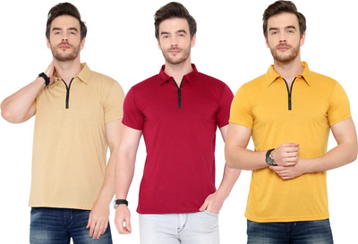 Adorbs Solid Men Polo Neck Pink, Beige, Yellow T-Shirt