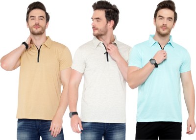 Tivy Solid Men Polo Neck Light Blue, Beige, Grey T-Shirt