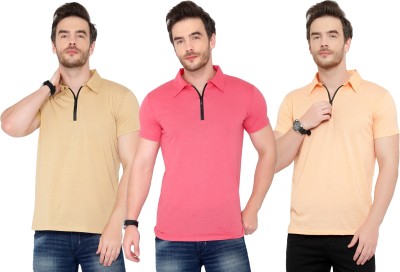 Tivy Solid Men Polo Neck Pink, Beige T-Shirt