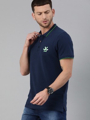 WROGN Solid Men Polo Neck Dark Blue T-Shirt