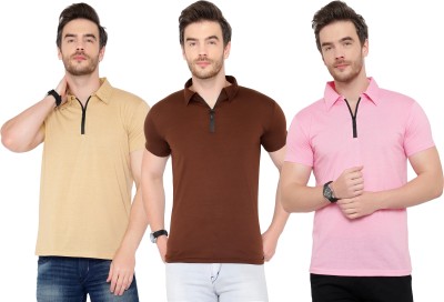 Tivy Solid Men Polo Neck Brown, Pink, Beige T-Shirt