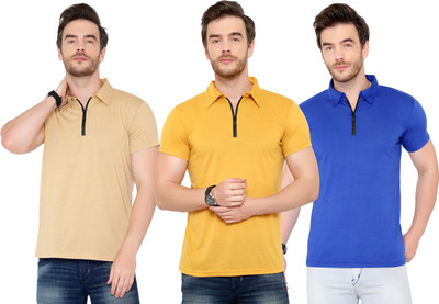 Tivy Solid Men Polo Neck Blue, Beige, Yellow T-Shirt