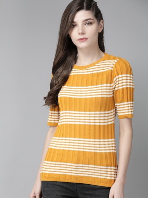 Roadster Casual 3/4 Sleeve Striped Women Yellow Top