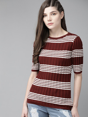 Roadster Casual 3/4 Sleeve Striped Women Maroon Top