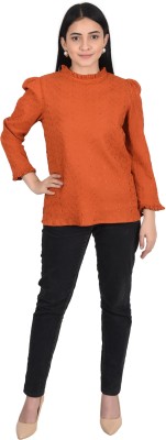 SALETI Casual Full Sleeve Embroidered Women Orange Top