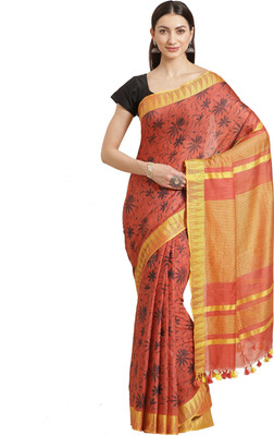 Kalakari India Floral Print Bollywood Linen Saree(Red)