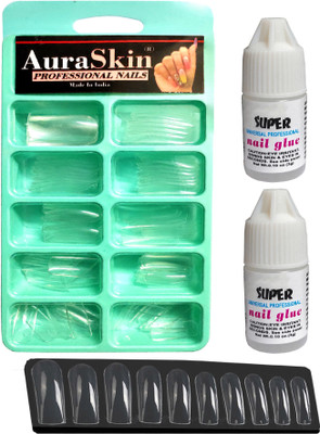 AuraSkin NEW Gorgeous 100PCS Reuseable Transparent Artificial Nail Tips Best False Nails with 10ml Strong Nail Glue Transparent(Pack of 100)