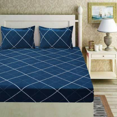 t tungol 210 TC Cotton Double Geometric Fitted (Elastic) Bedsheet(Pack of 1, Blue)
