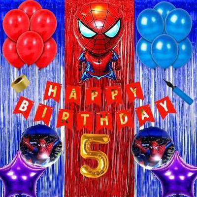 decokart spiderman 5th Happy birthday Spiderman theme combo kit pack for party decorations (Set of 74) (Set of 74)(Set of 74)