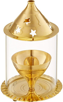 De-Ultimate Brass Akhand 1 No Small Size Diya with Glass Cover and Designed Star Holes on Top for Festival Worship Brass Table Diya(Height: 4.33 inch)