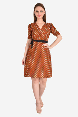 VEDDISH Women Fit and Flare Brown Knee Length Dress
