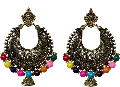 Happy Stoning Designer Antique Look Chandbali Multicolor Earrings Beads Brass Chandbali Earring