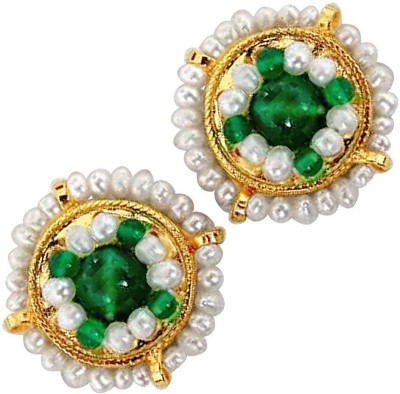 Surat Diamond Glowing - Freshwater Pearl, Green Onyx & Gold Plated Kuda Jodi Earrings (SE39) Onyx, Pearl Metal Stud Earring