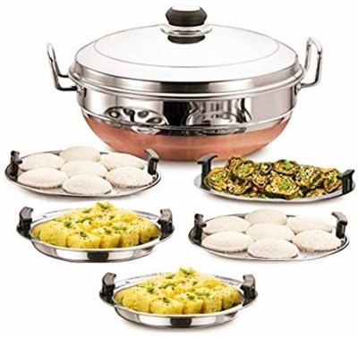 Strobine All in One Stainless Steel Copper Bottom Stander Idli Cooker With 5 Different Plates And Lid,Multi Kadai For Cooking, Big Size with 5 Plates 2 Idli, 2 Dhokla, 1 Patra Plate Standard Idli Maker Multi Kadhai,Pot Pan Set Combo Tope Copper Tapeli/Patila/Cookware/Dhokaliyu/Dhokla Dhokali Maker, 
