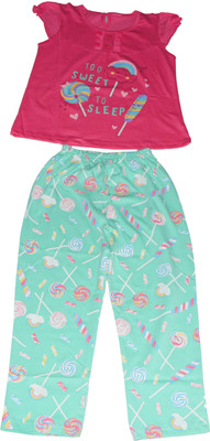 rayie collection Kids Nightwear Girls Printed Cotton Blend(Pink Pack of 1)