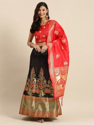 Fourleaf Embroidered, Embellished Semi Stitched Lehenga Choli(Black, Red)