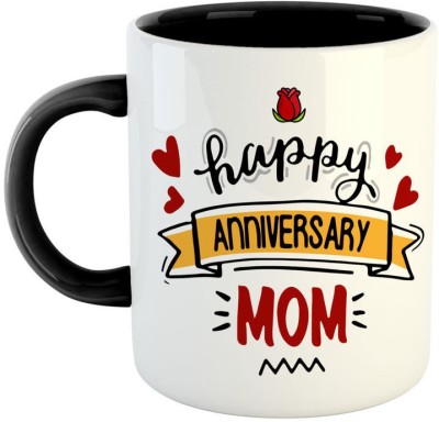 Ashvah Happy Anniversary MOM Ceramic Coffee - Best Gift for Mom/Mummy/Mother on Birthday / Mother's Day, Anniversary -Black Ceramic Coffee Mug(350 ml)