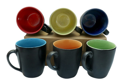 KVA Matt finishing Black Multi Color Coffee/ Milk Set (Pack of 6, 350 ml, 6pcs ) Ceramic Coffee Mug(350 ml, Pack of 6)