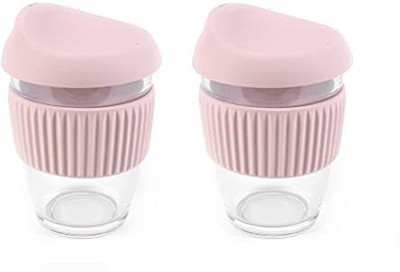 P-PLUS INTERNATIONAL Coffee Cup with Lid and Non-Slip Sleeve (300ml Pink, Set of 2) Glass Coffee Mug(300 ml, Pack of 2)
