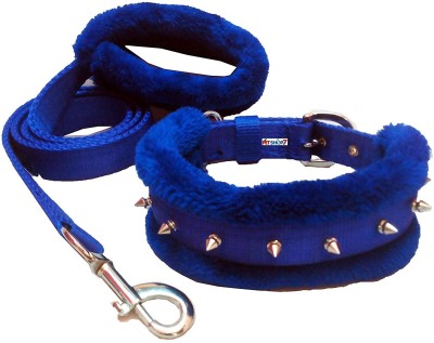 Petshop7 Premium QualityFur Padded Nylon Spiked Dog Collar & Leash (Neck Girth Size - 17-21inch) Dog Collar & Leash(Large, Blue)