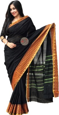 muslin trail Striped Handloom Pure Cotton Saree(Black)