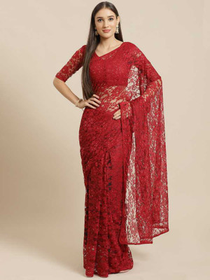 AVANTIKA FASHION Self Design, Embellished, Woven, Dyed, Solid/Plain Bollywood Net, Art Silk Saree(Maroon)