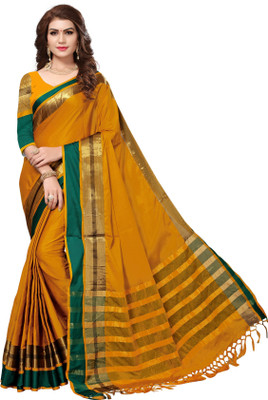 Ratnavati Color Block Daily Wear Cotton Silk Saree(Mustard, Green)