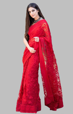 Noise Embroidered Bollywood Net Saree(Red)