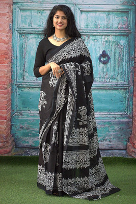 NIKHILAM Printed Ikkat Pure Cotton Saree(Black)