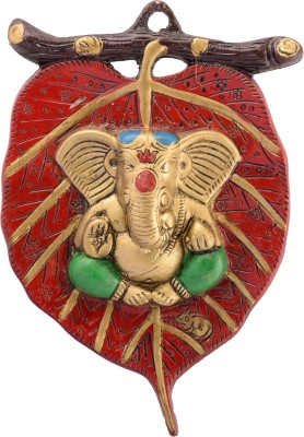 eCraftIndia Lord Ganesha In Green Dhoti On Red Leaf Wall Hanging Decorative Showpiece  -  22 cm(Aluminium, Red, Green, Brown)