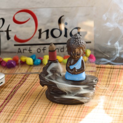 eCraftIndia Meditating Monk Buddha Smoke 10 Backflow Cone Decorative Incense Holder Decorative Showpiece  -  10 cm(Polyresin, Blue, Brown)