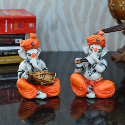 eCraftIndia Set Of 2 Ganesha Playing Musical Instruments Decorative Showpiece  -  12.7 cm(Polyresin, Brown)